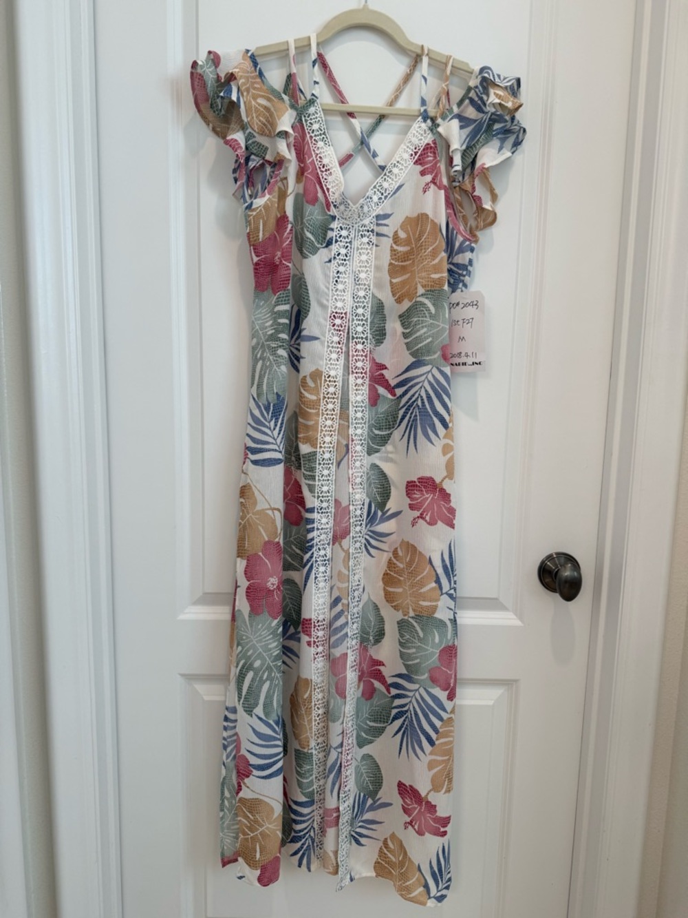 Tropical Floral Open Maxi Dress with Lace Trim - Multicolor NWOT